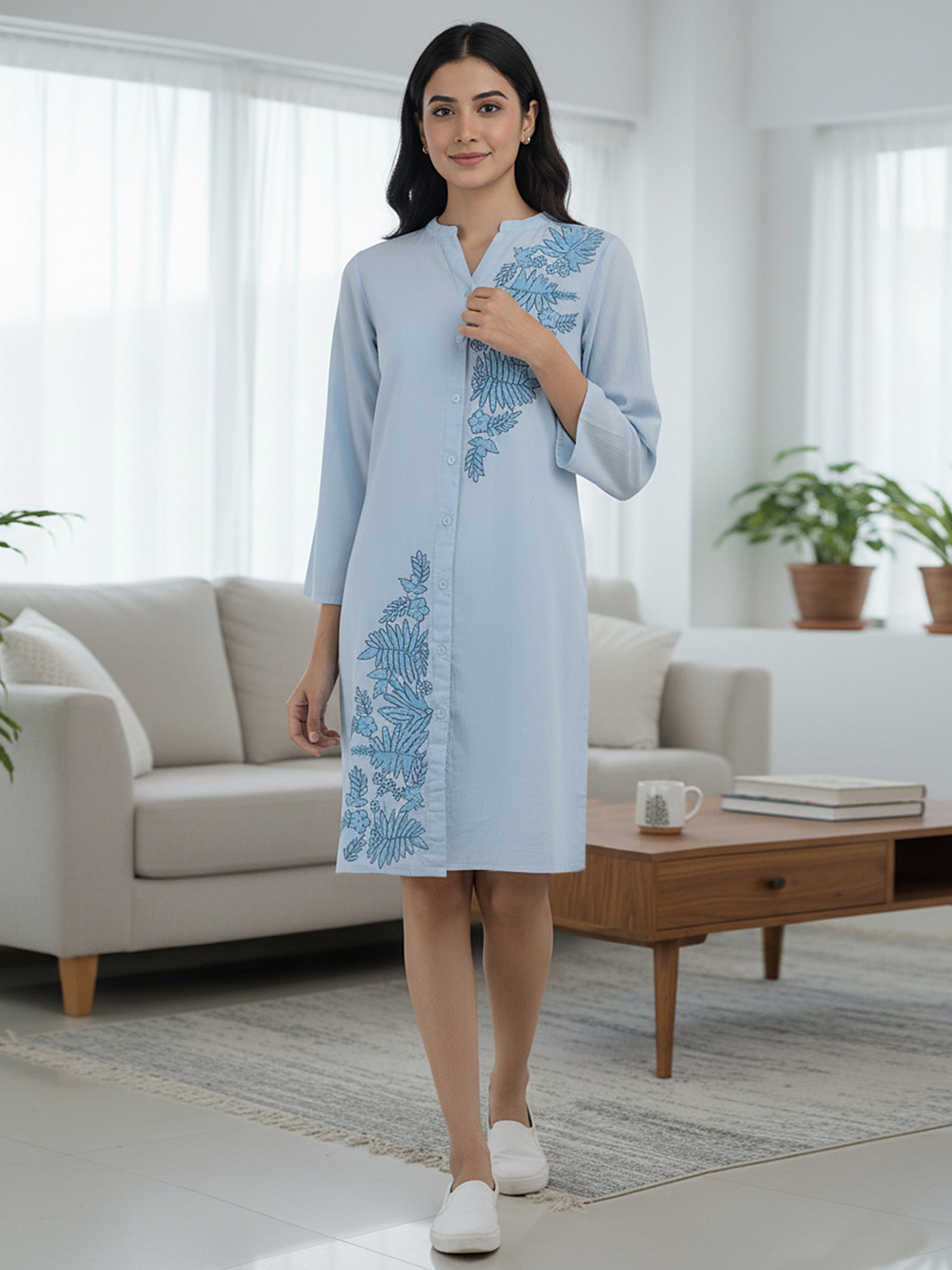 Light Blue Embroidered Cotton Shirt Dress