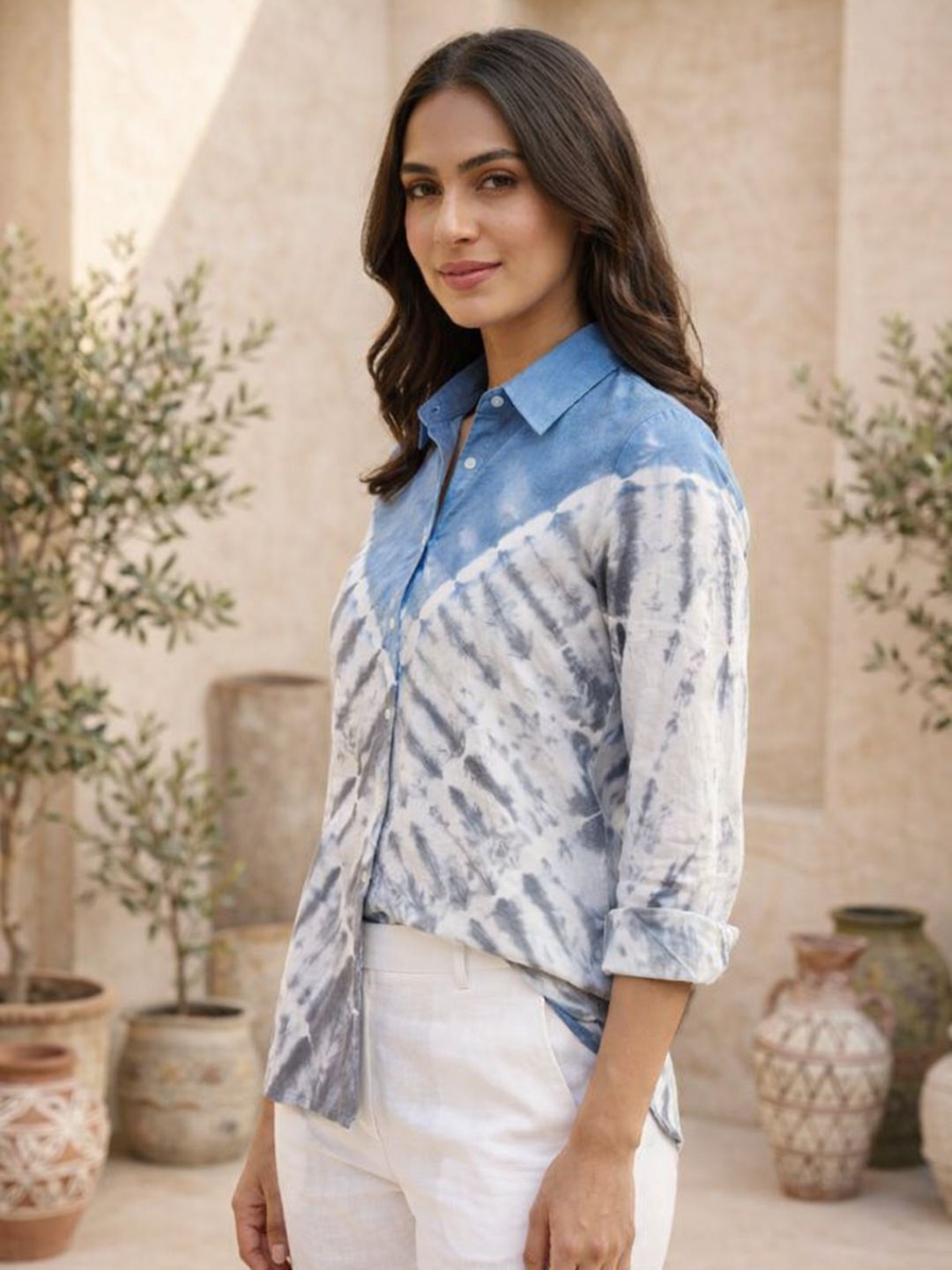Blue Ombre Tie-Dye Cotton Shirt in Geometric Design