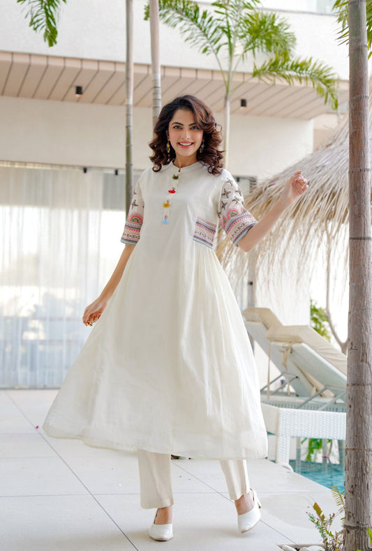 Off White Cotton Embroidered Kurta Sets