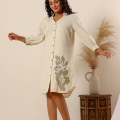Beige flower embroidery Cotton Shirt Dress