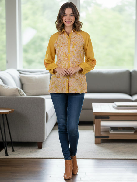 Women Mustard Yellow Printed Shirt with Sheer Sleeves