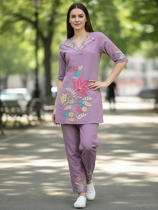 Lavender Floral Embroidered Kurta and Straight Pant Co-ord Set