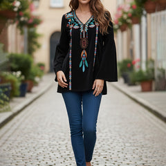 Black Embroidered Flare Sleeve Top