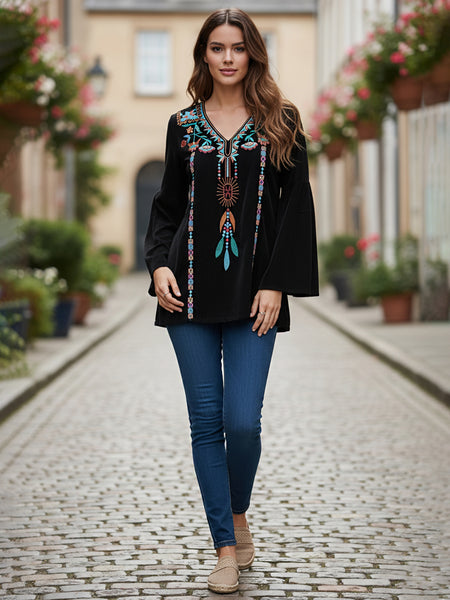 Black Embroidered Flare Sleeve Top