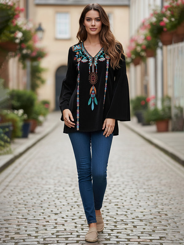 Black Embroidered Flare Sleeve Top