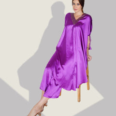 Stylish Satin V-neck Purple Co-ord Set