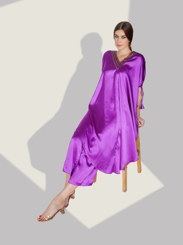 Stylish Satin V-neck Purple Co-ord Set