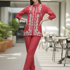 Floral Threadwork Maroon Co-ord Set