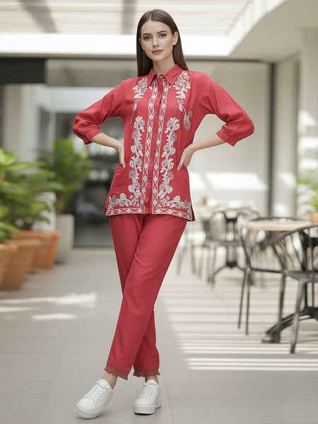 Floral Threadwork Maroon Co-ord Set