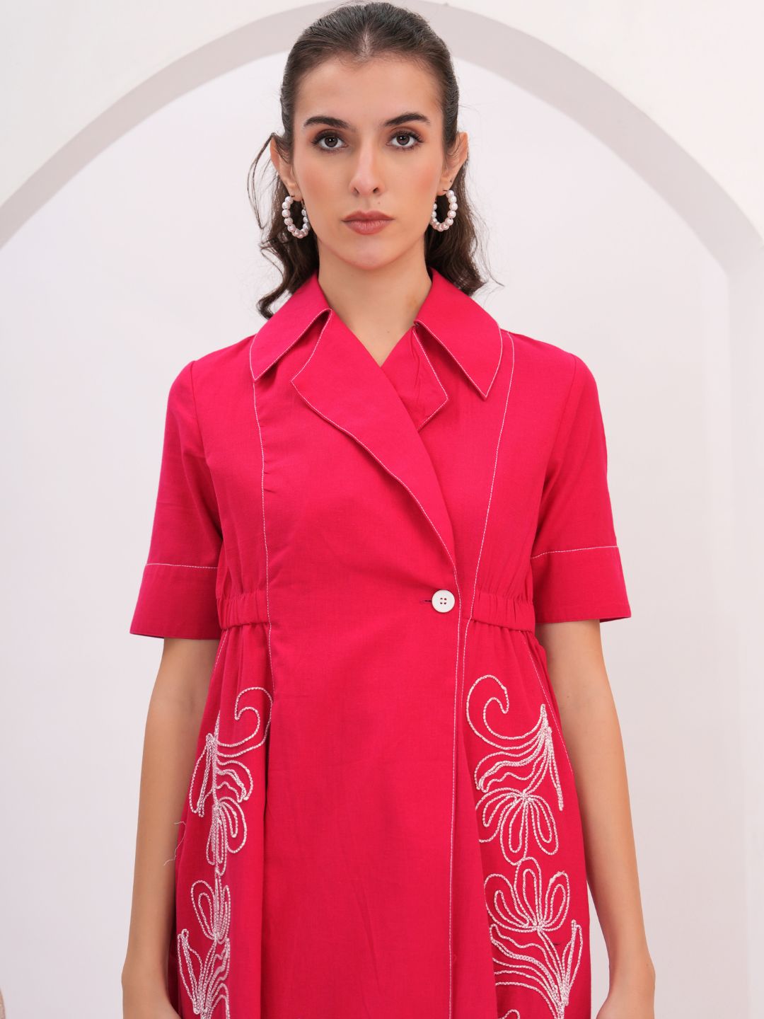 Fuchsia Pink Embroidered Flared Midi Dress with Lapel Collar