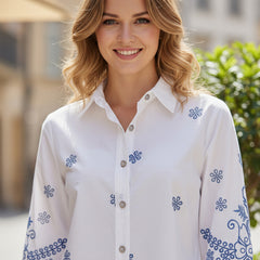 Elegant White Button-Down Shirt with Blue Floral Detailing