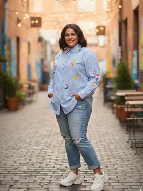Women Regular Fit Striped Embroidered Shirt