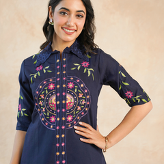 Stylish Navy Blue Embroidered Kurta with Matching Pants