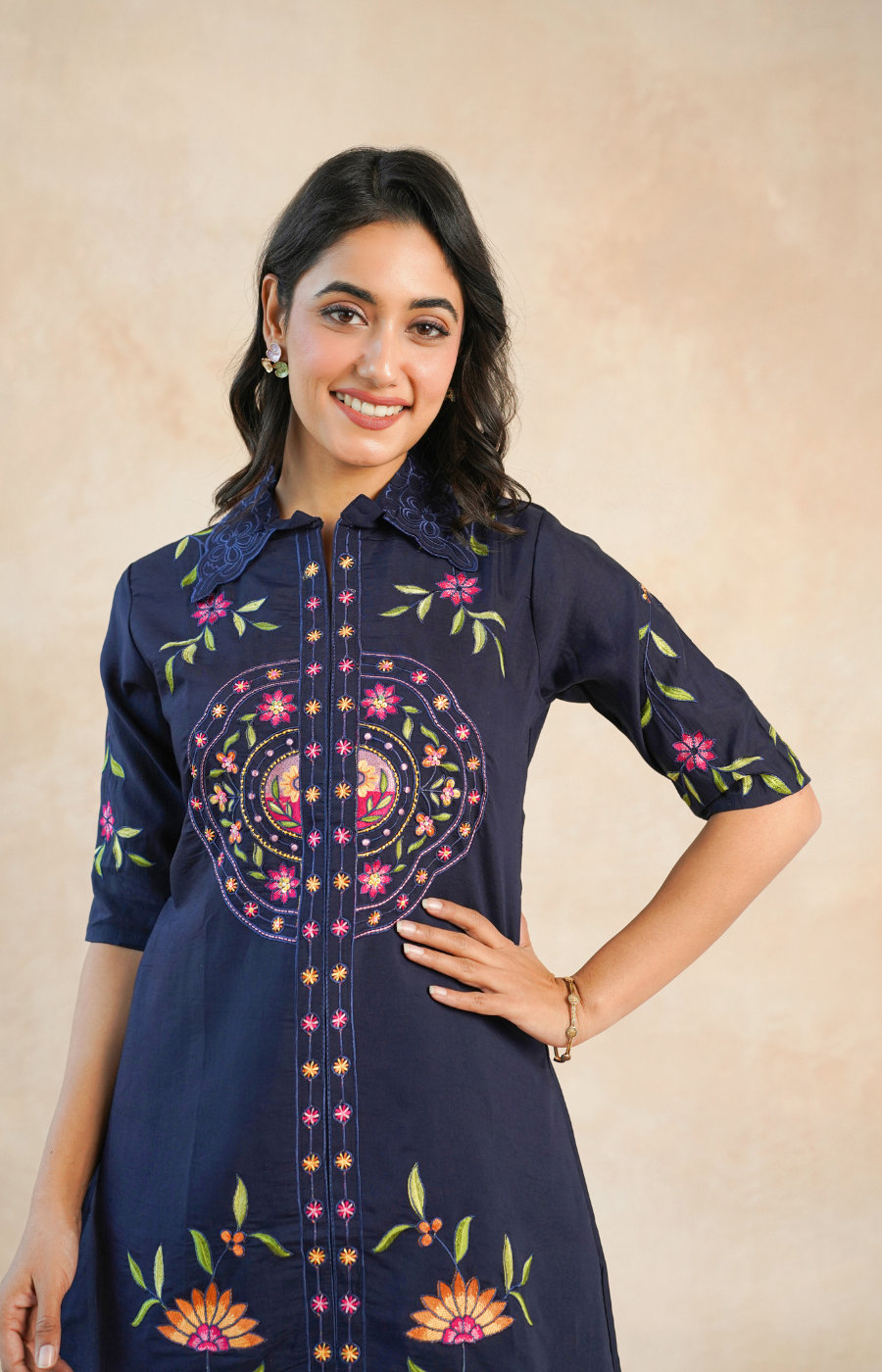 Stylish Navy Blue Embroidered Kurta with Matching Pants