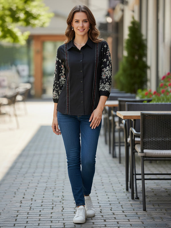 Black Handcrafted Embroidered Cotton Shirt
