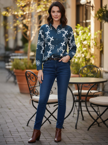 Blue Cotton Embroidered Waist-Length Shirt with Collar Neck