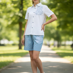 White Button-Down Top With Blue Embroidered Shorts
