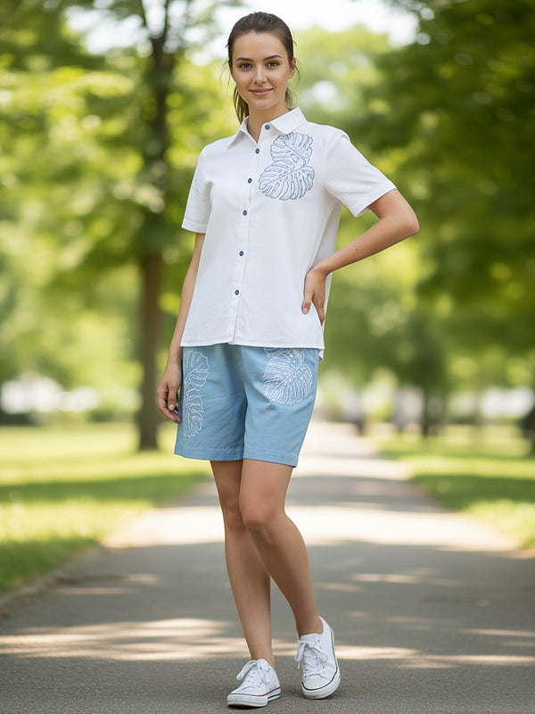White Button-Down Top With Blue Embroidered Shorts