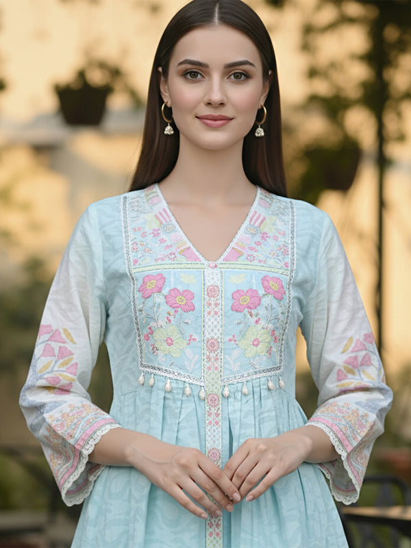 Light Blue Floral Embroidered Anarkali Suit Set
