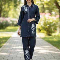 Navy Blue White Embroidered Co-ord Set