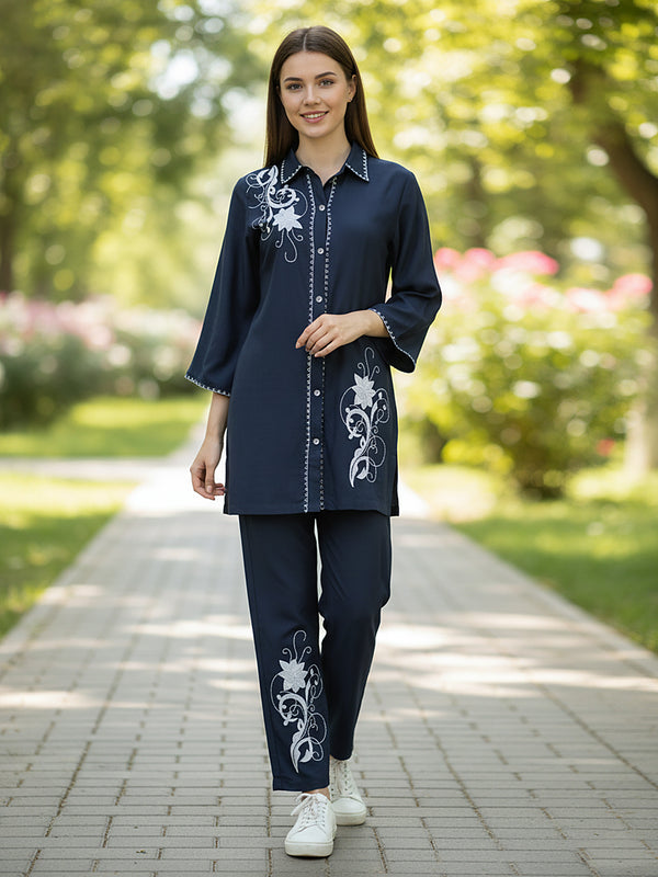 Navy Blue White Embroidered Co-ord Set