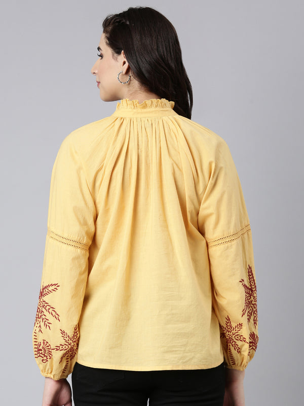 Yellow Cotton Embroidered Top With Tassels