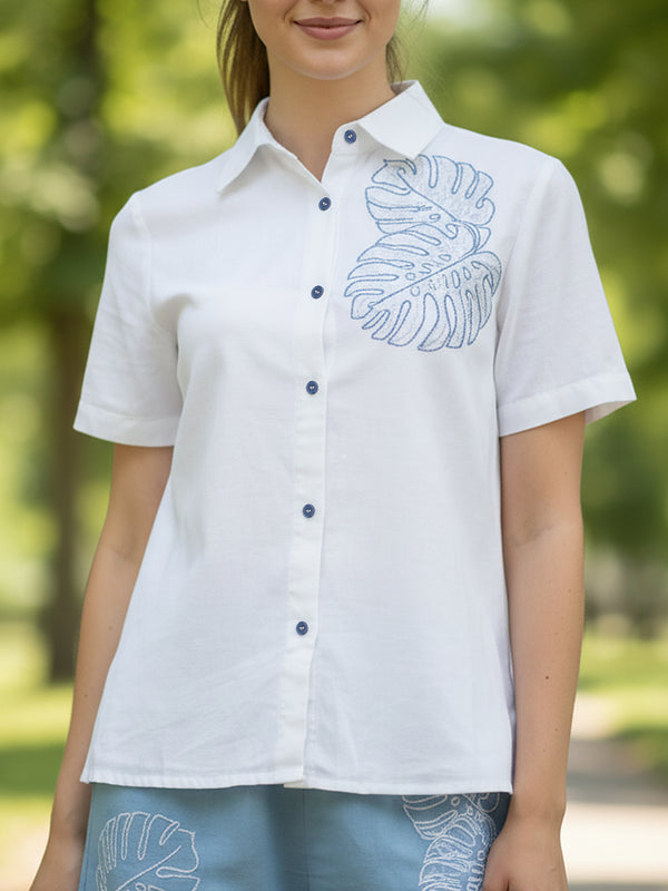White Button-Down Top With Blue Embroidered Shorts