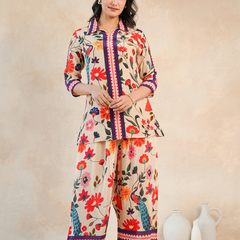 Elegant Beige Floral Shirt Style Top and Bottom Set