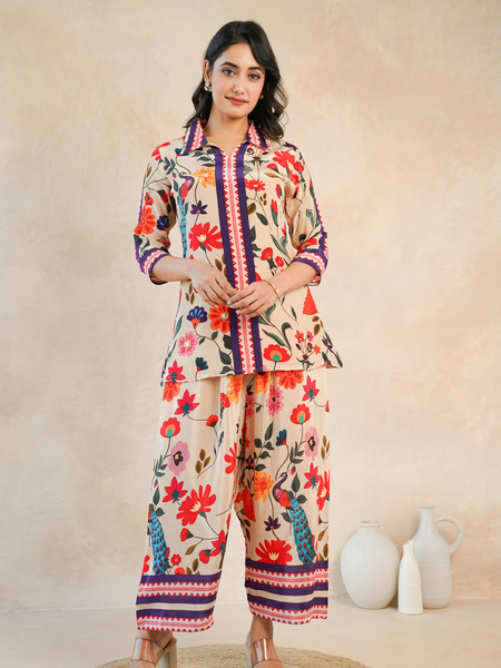 Elegant Beige Floral Shirt Style Top and Bottom Set