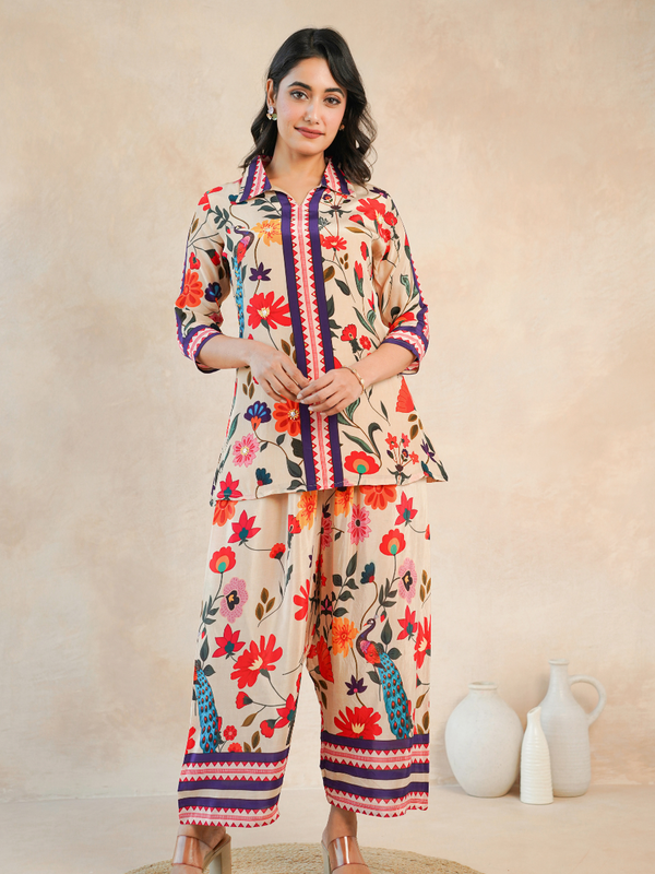 Elegant Beige Floral Shirt Style Top and Bottom Set