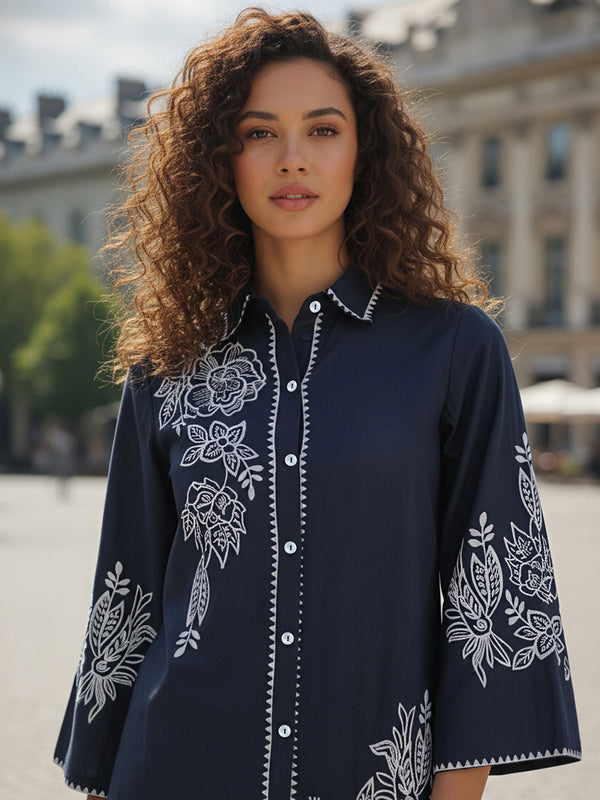 Navy Blue White Embroidered Co-ord Set