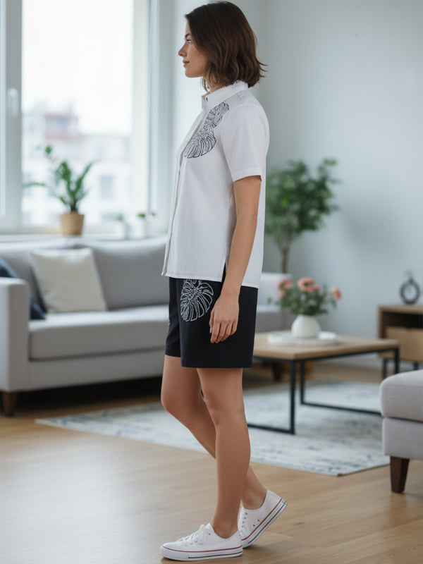 Classic Monochrome Floral Shirt & Shorts Set