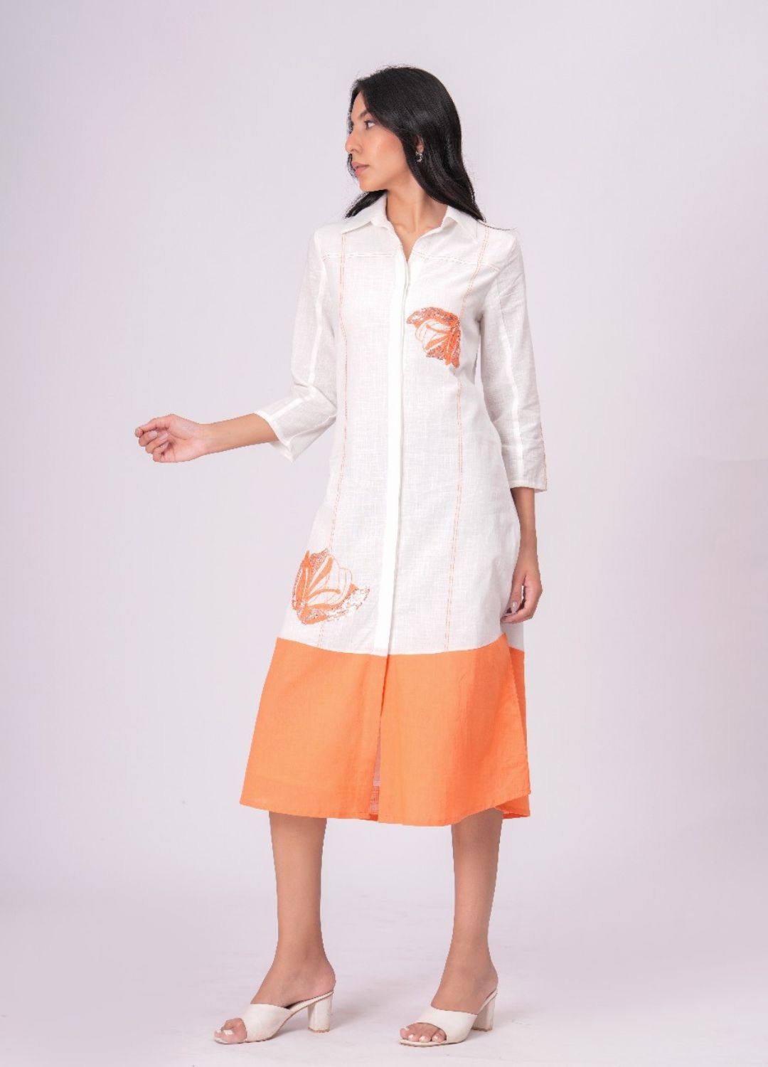 Airy Cotton Linen White Embroidered Midi Dress