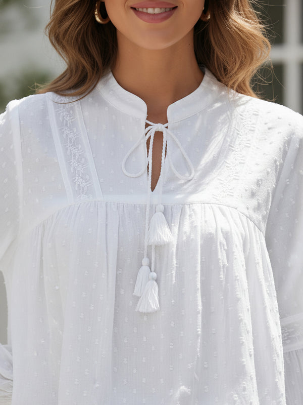 Women’s White Cotton Embroidered Shirt with Closed Neck and Full Sleeves