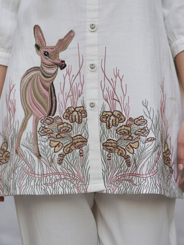 Beige Forest Harmony Embroidered Cotton Co-ord Set