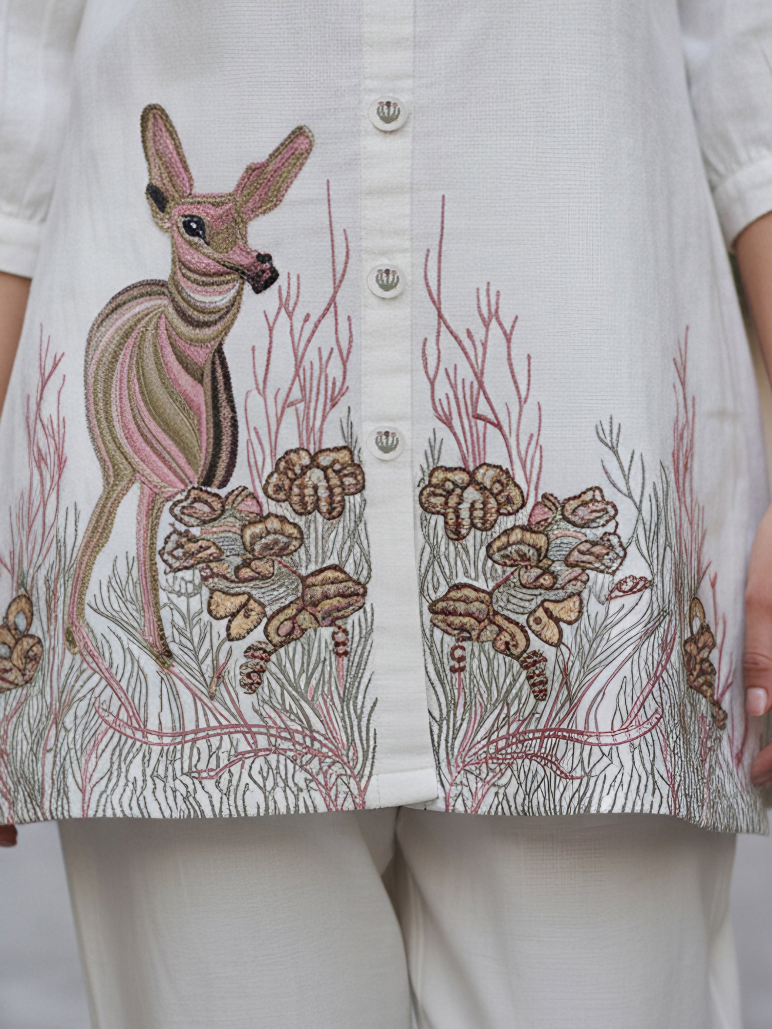 Beige Forest Harmony Embroidered Cotton Co-ord Set