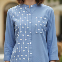 Blue Half-Embroidered Casual Cotton Shirt