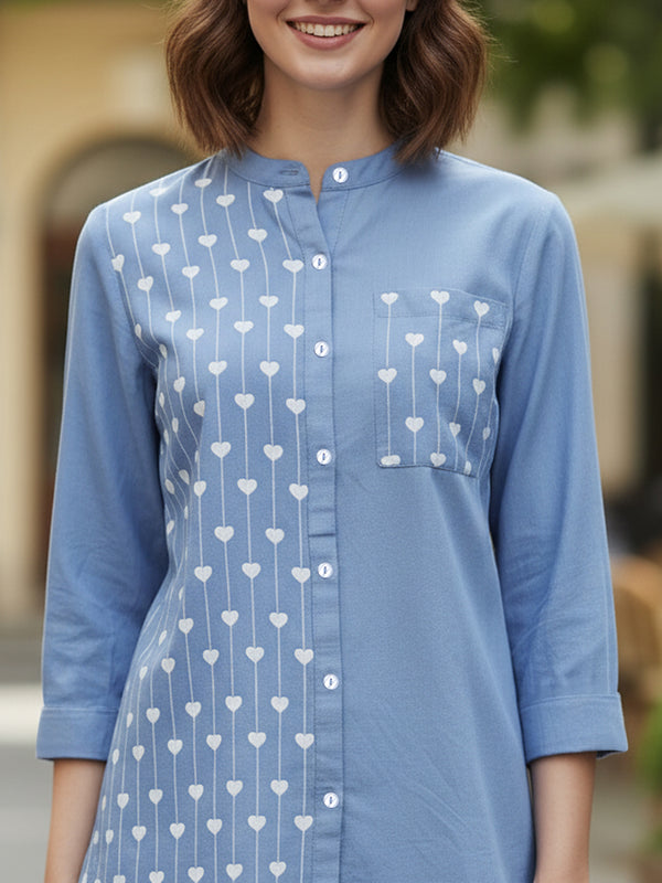 Blue Half-Embroidered Casual Cotton Shirt