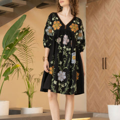 Black Cotton Embroidered Midi Dress with V-Neck & Elbow Sleeves
