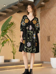 Black Cotton Embroidered Midi Dress with V-Neck & Elbow Sleeves