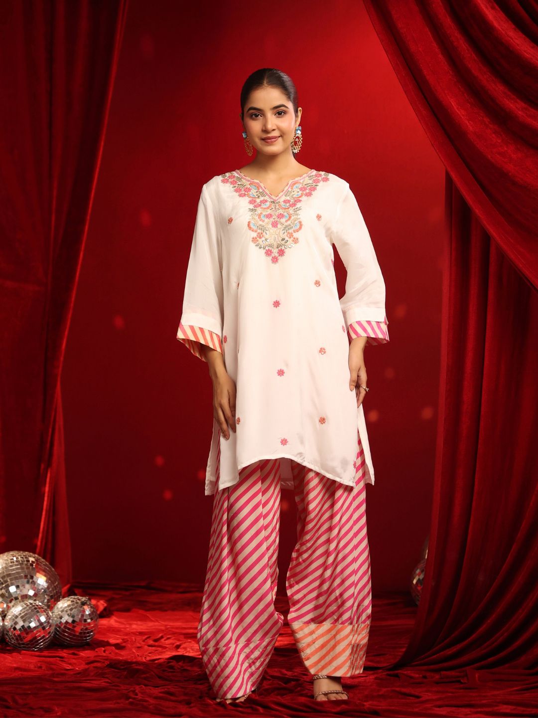 Ivory Pink Crepe Embroidered Kurta with Farshi Salwar Set