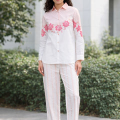 Women Stylish Printed White Shirt And Pants Set