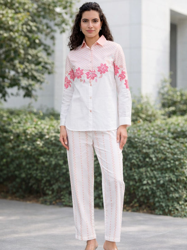 Women Stylish Printed White Shirt And Pants Set
