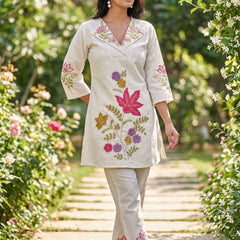 Beige Silk Embroidered Collar Neck Co-Ord Set