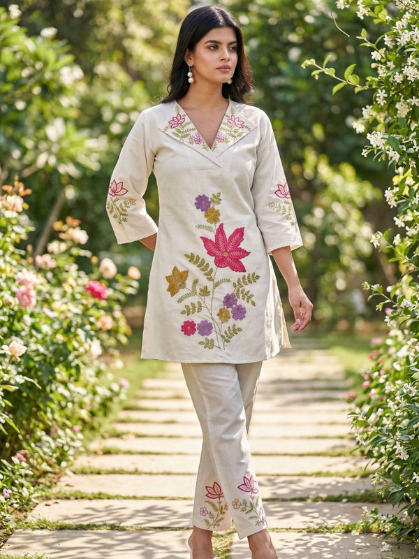 Beige Silk Embroidered Collar Neck Co-Ord Set