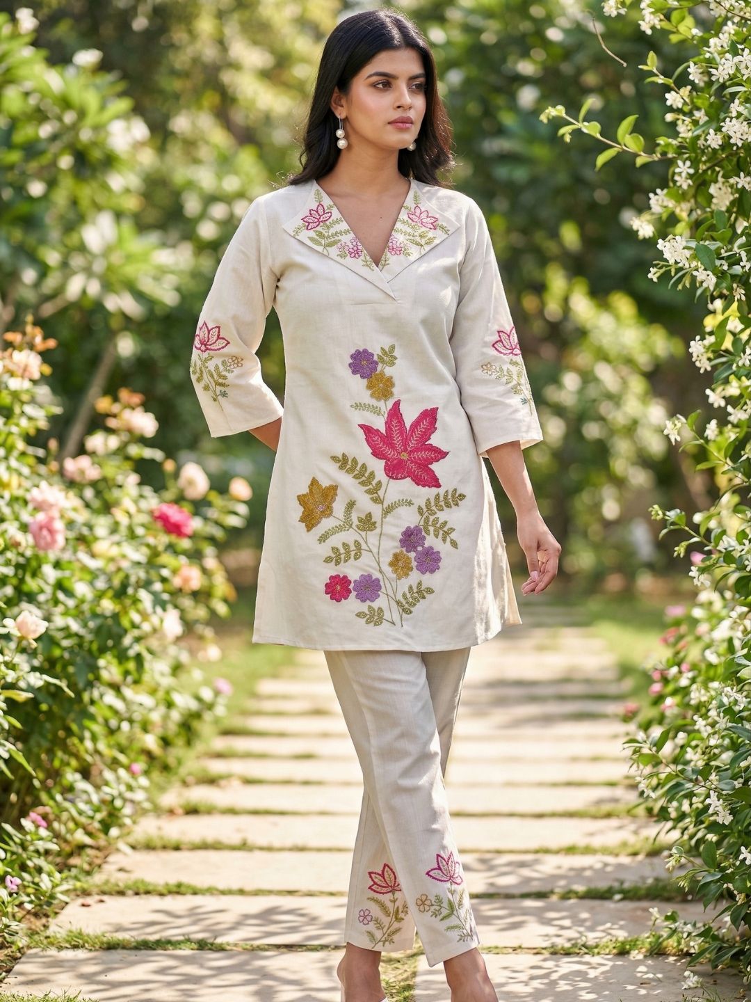Beige Silk Embroidered Collar Neck Co-Ord Set