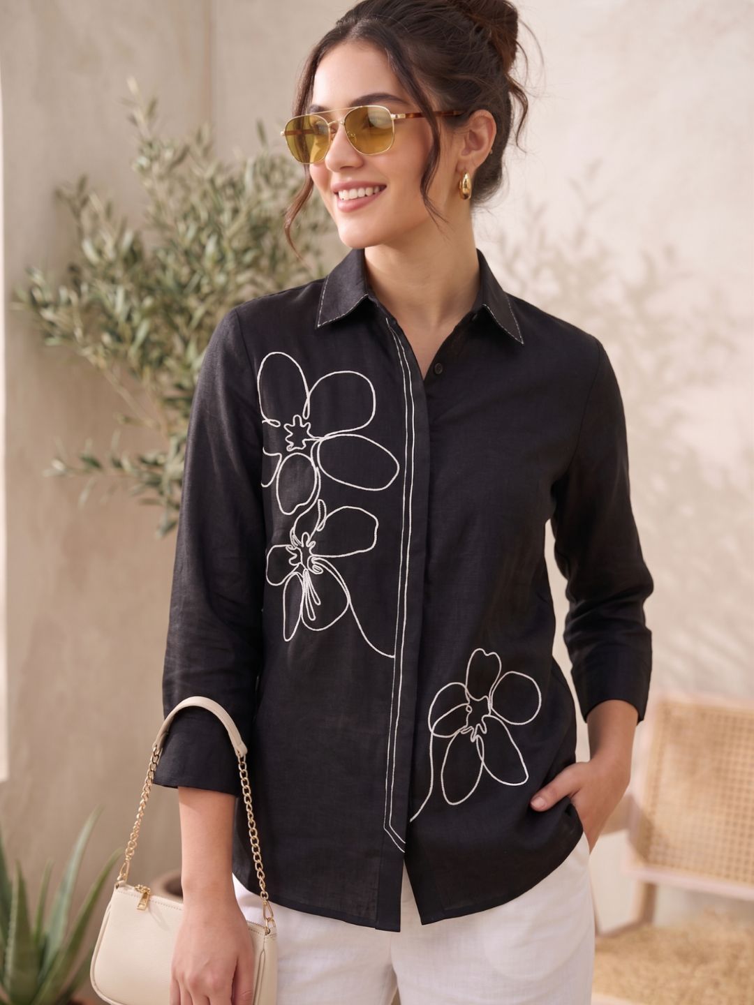Black Floral Embroidered Shirt
