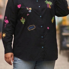 Women Black Embroidered Casual Cotton Shirt