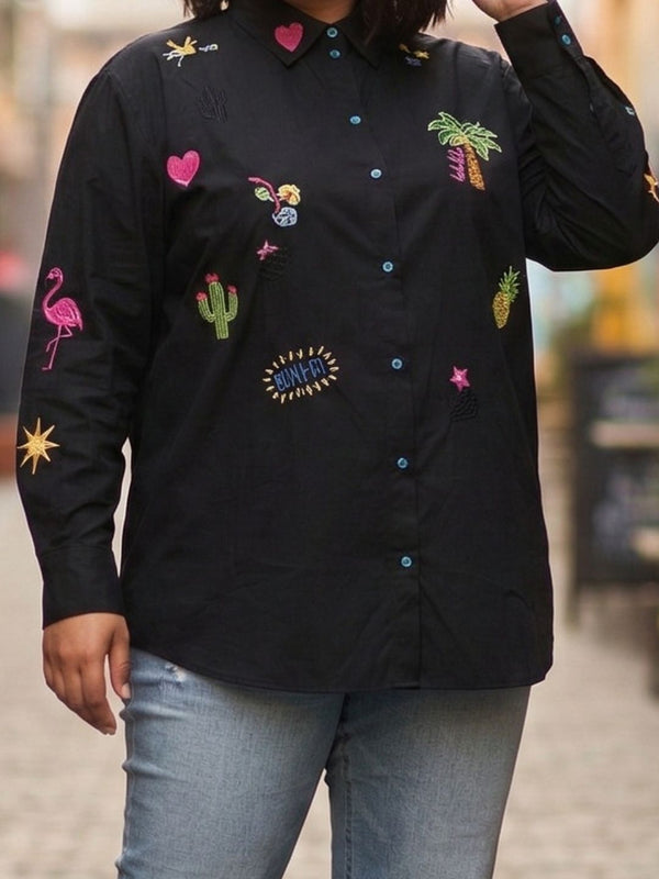 Women Black Embroidered Casual Cotton Shirt