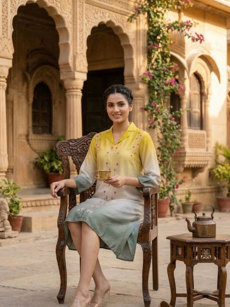 Stylish Yellow Green Ombre Summer Dress